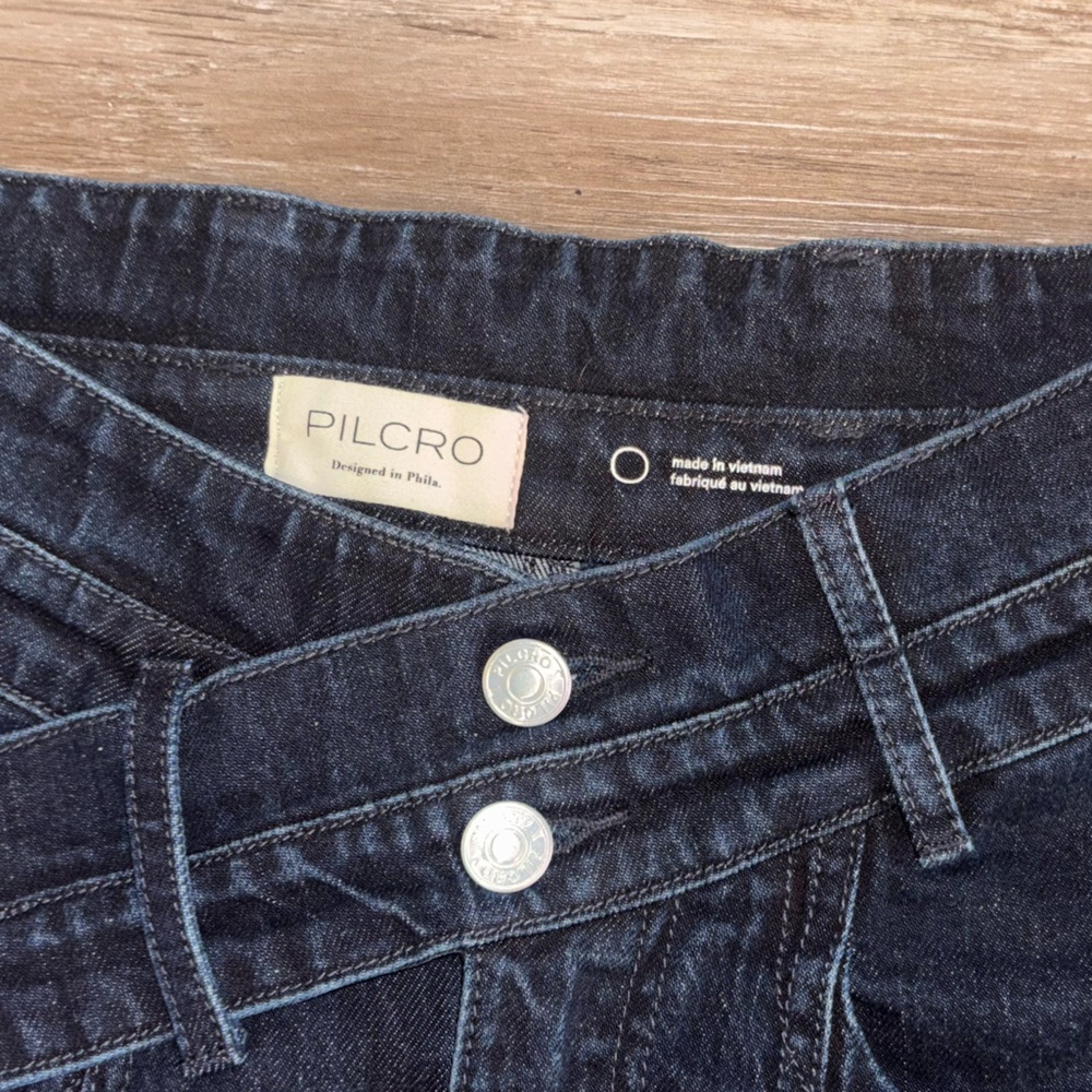 Anthropologie High-Waist Dark Blue Denim Midi Skirt with Front Slit by Pilcro - Picture 4 of 5